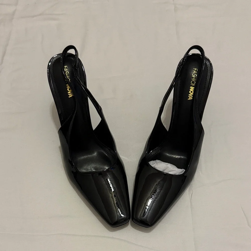 Fashion Nova Black Patent Slingback Square-Toe Heels - Picture 1 of 5